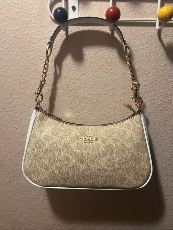 Coach Handbags - Coach Beige Signature Canvas Shoulder Bag with White Trim